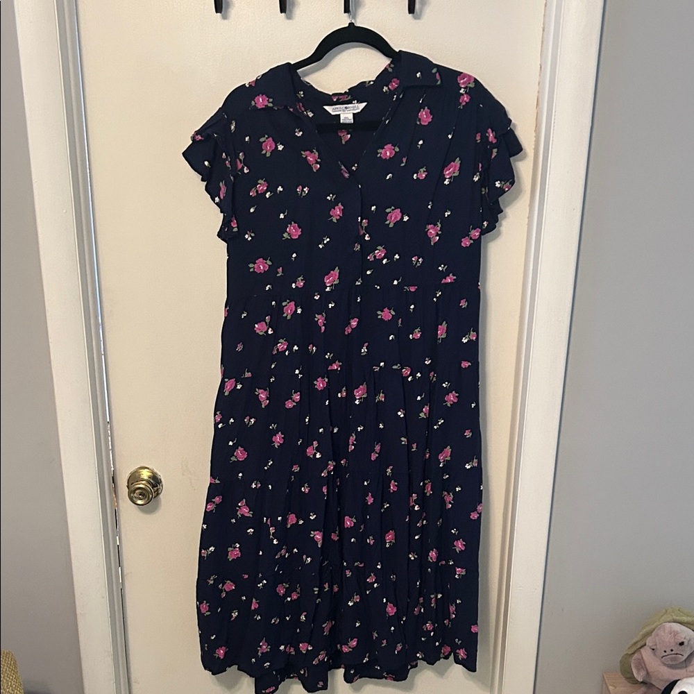 April Cornell Navy Floral Midi Dress with Pink Roses